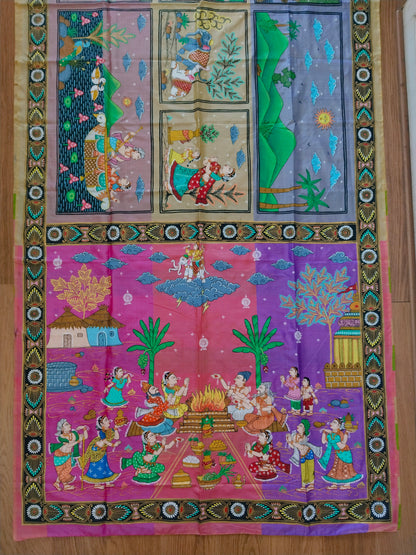 "Divine Indra Puja: Earth Harmony" 3D Katan Mulberry Silk Saree - Signature Saree
