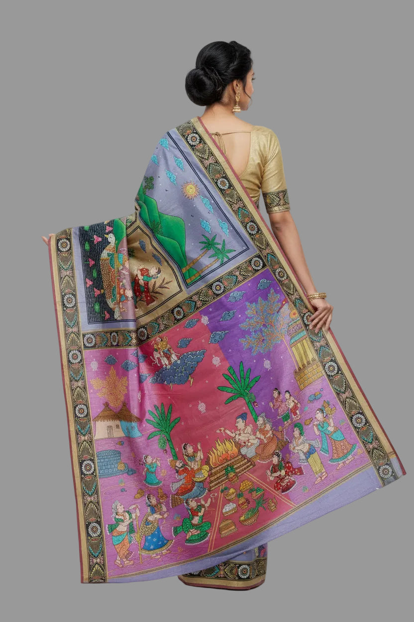 "Divine Indra Puja: Earth Harmony" 3D Katan Mulberry Silk Saree - Signature Saree