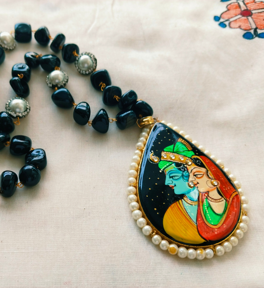 Advaita Handcrafts - Hand-painted Radha Krishna Pearl Pendant.