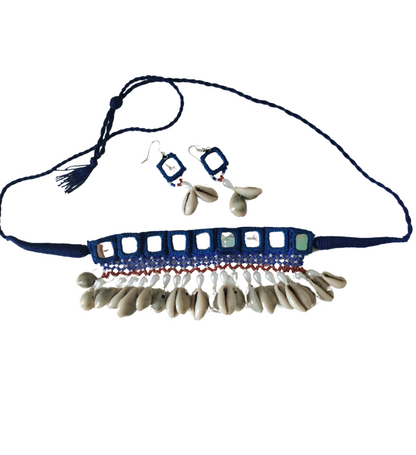 Advaita Handicrafts- Blue Fabric Choker Navratri Necklace Set with Mirror & Shell Work.