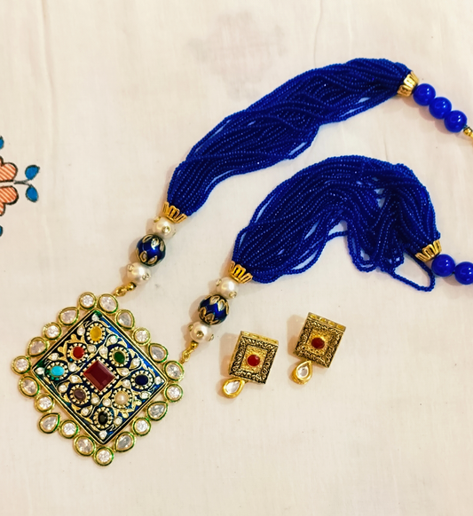 Advaita Handcrafts -Gold Plated Stone and Blue Bead Jewelry Set.