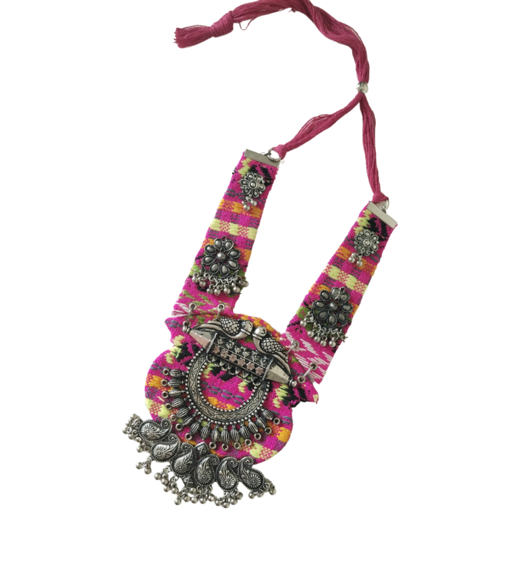 Advaita Handicrafts-Pink Fabric Long Necklace with Oxidized Work – Elegant Statement Jewelry