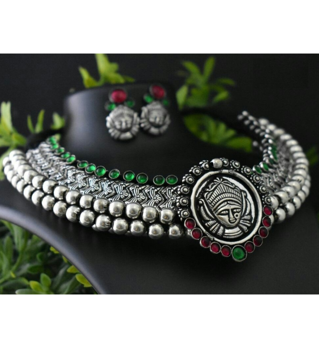 Advaita Handicrafts german silver heavy choker - Temple Jewelery.