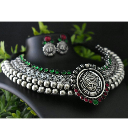 Advaita Handicrafts german silver heavy choker - Temple Jewelery.