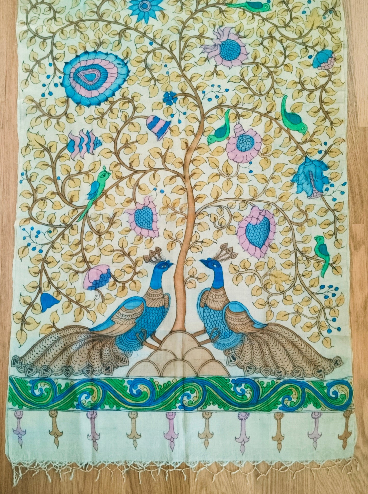Kalamkari Hand Painted Tassar Silk Dupatta/Stole - Tree of Life -  Indian Art Heritage Product