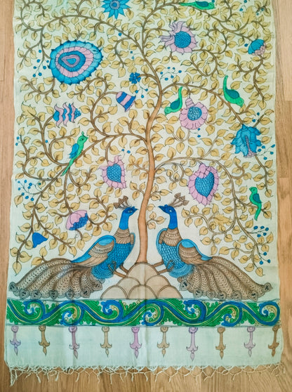 Kalamkari Hand Painted Tassar Silk Dupatta/Stole - Tree of Life -  Indian Art Heritage Product