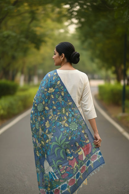 Purple Hand-painted Krishna Kalamkari Dupatta/ Stole - Indian Art Heritage Product