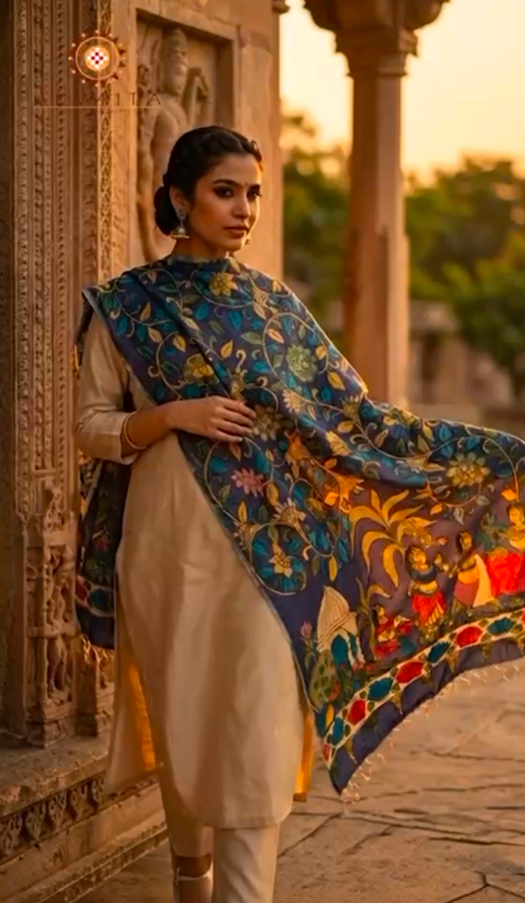 Purple Hand-painted Krishna Kalamkari Dupatta/ Stole - Indian Art Heritage Product