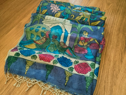 Purple Hand-painted Krishna Kalamkari Dupatta/ Stole - Indian Art Heritage Product