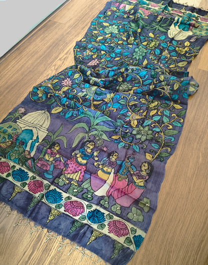 Purple Hand-painted Krishna Kalamkari Dupatta/ Stole - Indian Art Heritage Product