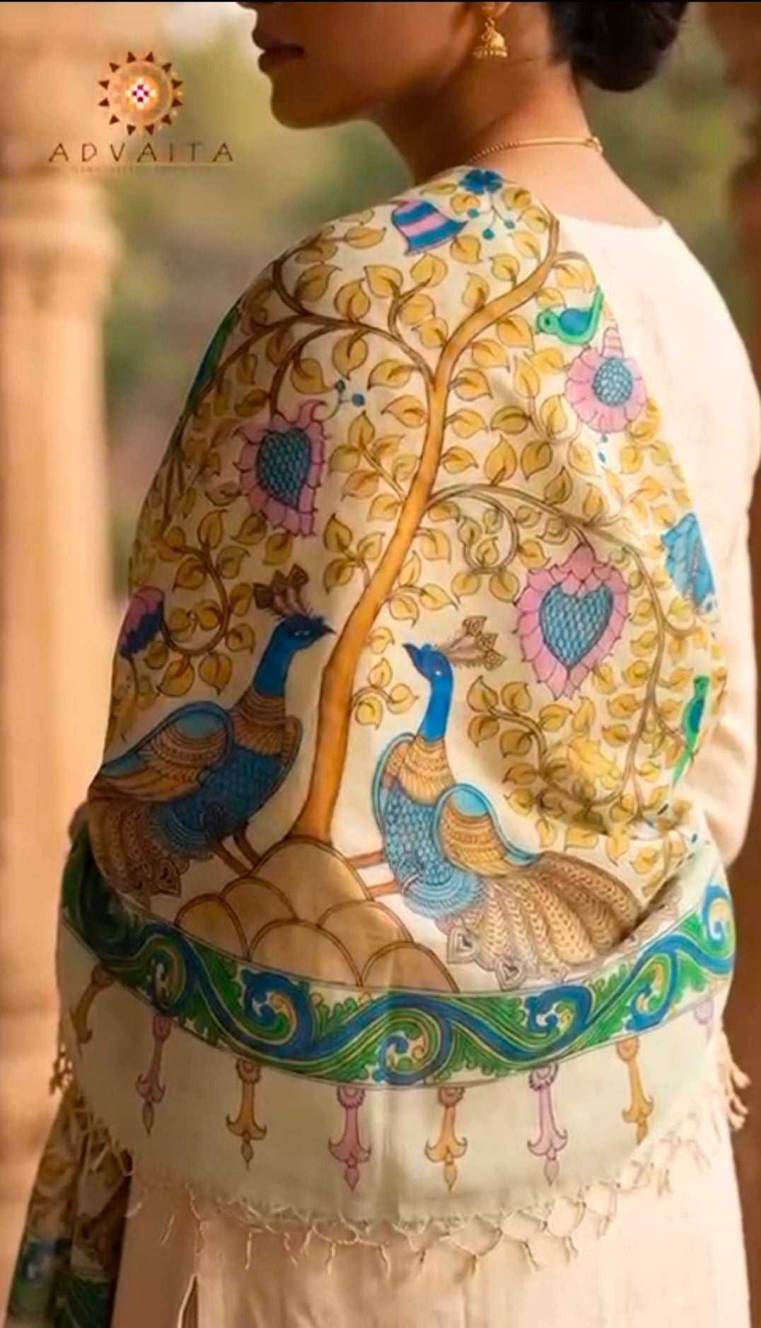 Kalamkari Hand Painted Tassar Silk Dupatta/Stole - Tree of Life -  Indian Art Heritage Product