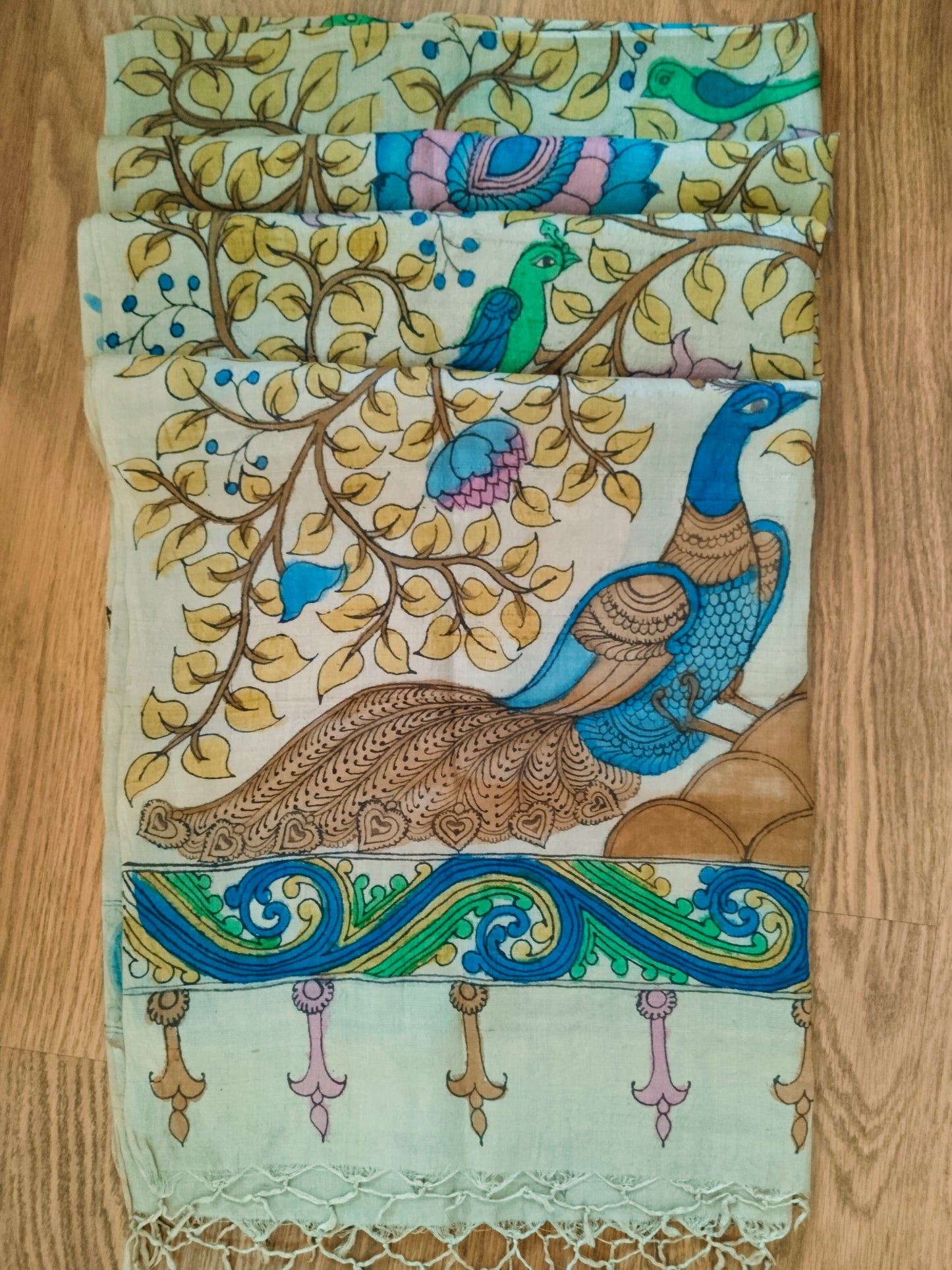 Kalamkari Hand Painted Tassar Silk Dupatta/Stole - Tree of Life -  Indian Art Heritage Product