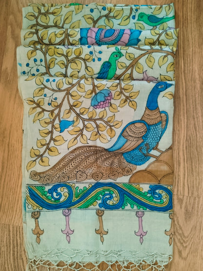 Kalamkari Hand Painted Tassar Silk Dupatta/Stole - Tree of Life -  Indian Art Heritage Product