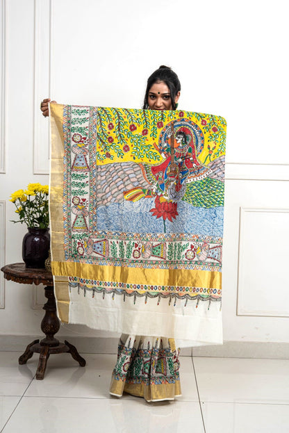 Advaita Handicrafts hand painted Madhubani Saree - Saraswati