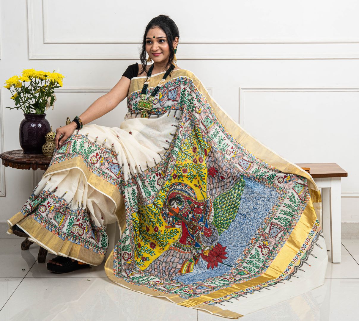 Advaita Handicrafts hand painted Madhubani Saree - Saraswati