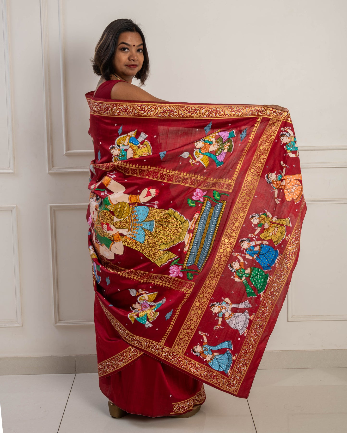 Pure Mulberry Silk Patachitra Lakshmi Saree - Maroon