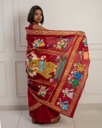 Pure Mulberry Silk Patachitra Lakshmi Saree - Maroon