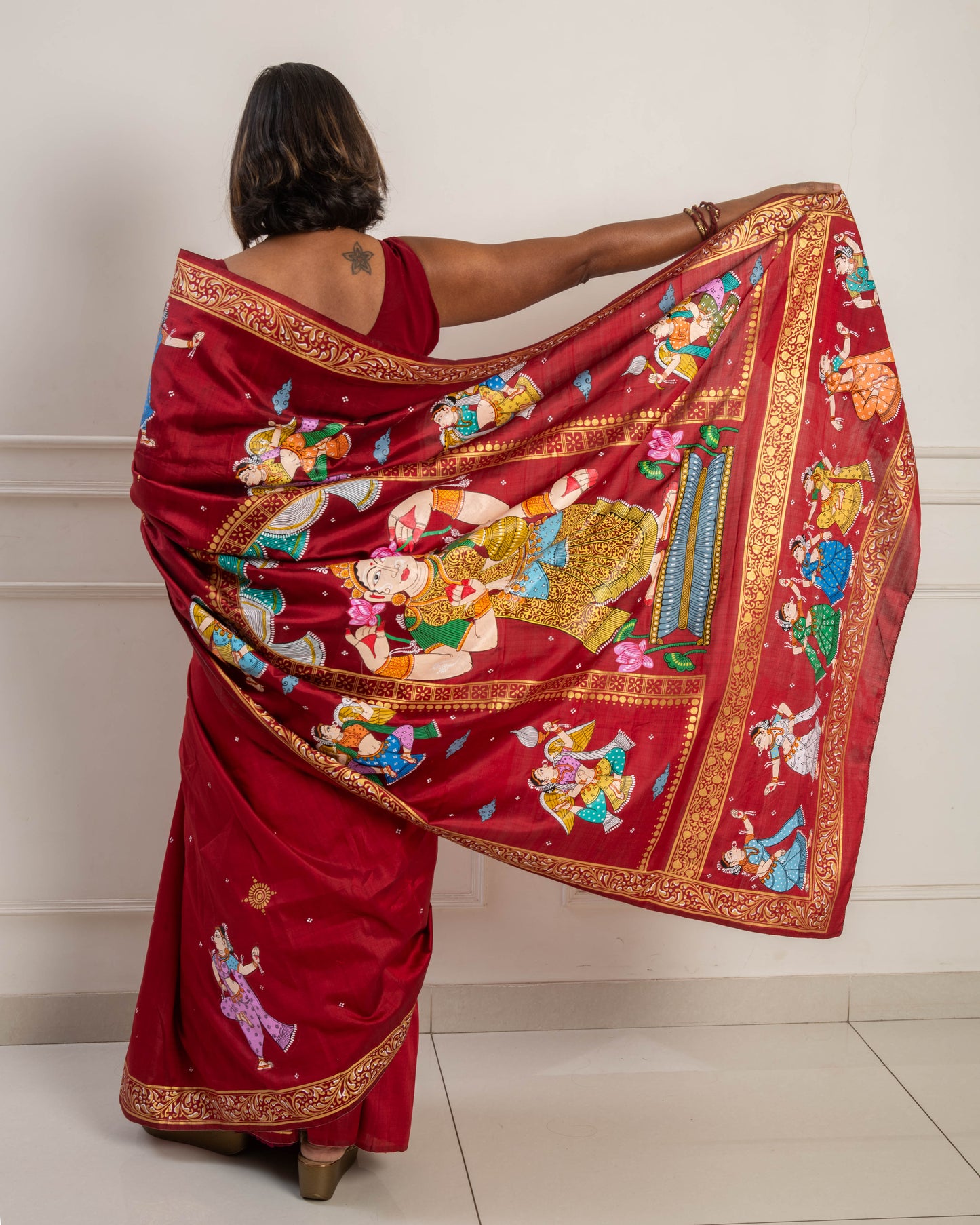 Pure Mulberry Silk Patachitra Lakshmi Saree - Maroon