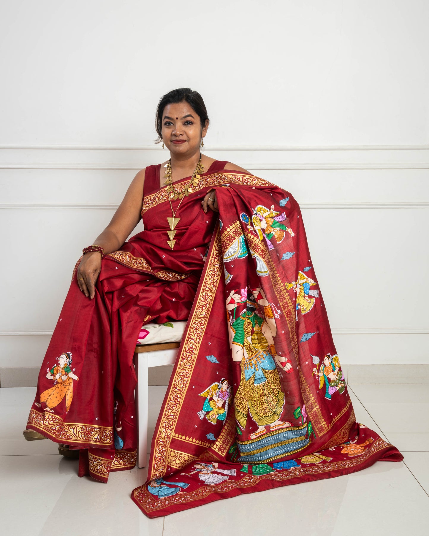 Pure Mulberry Silk Patachitra Lakshmi Saree - Maroon