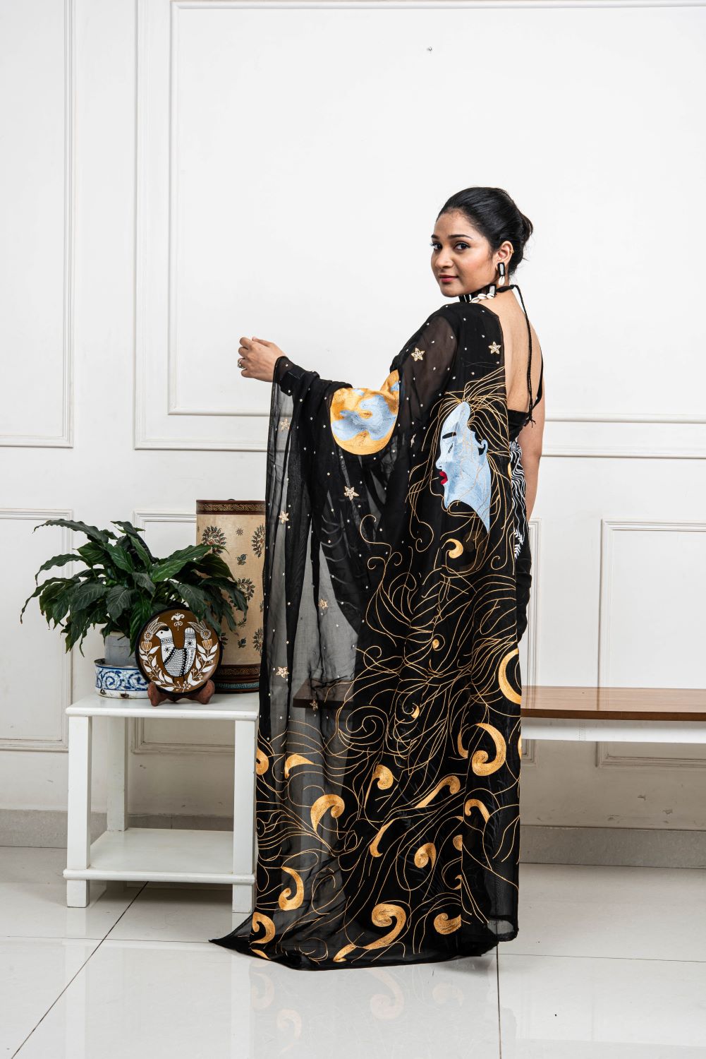 Black Designer Hand Embroidered Saree - Midnight Dreams