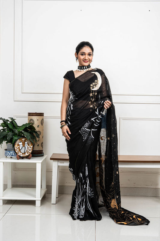 Black Designer Hand Embroidered Saree - Midnight Dreams