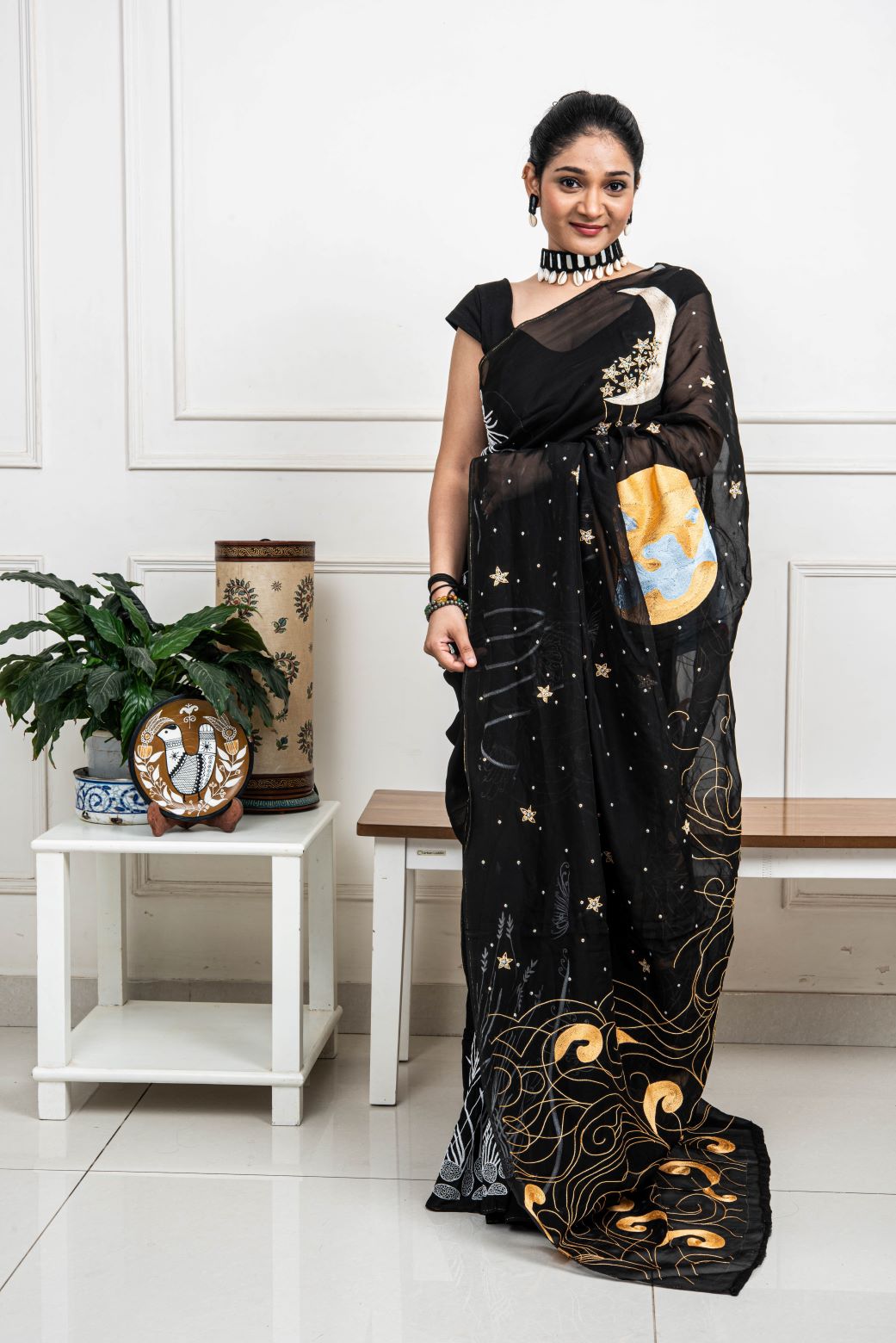Black Designer Hand Embroidered Saree - Midnight Dreams