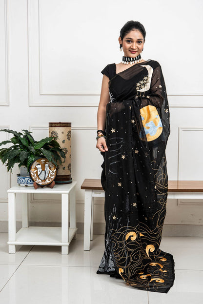 Black Designer Hand Embroidered Saree - Midnight Dreams