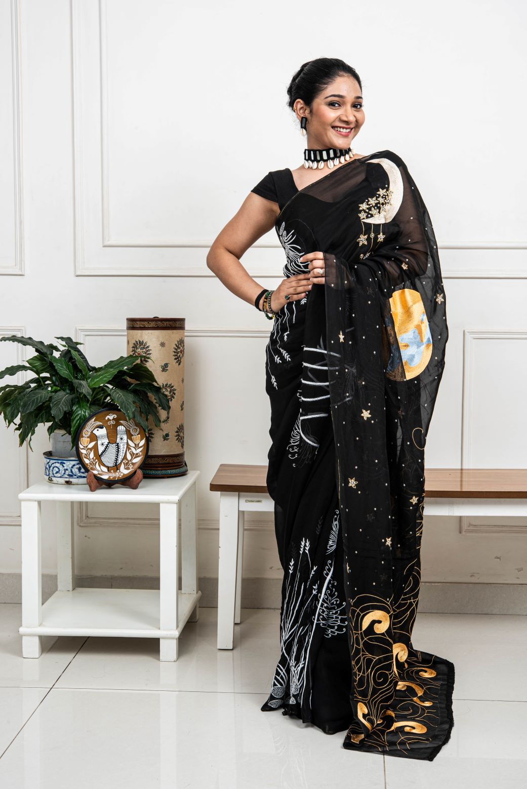 Black Designer Hand Embroidered Saree - Midnight Dreams