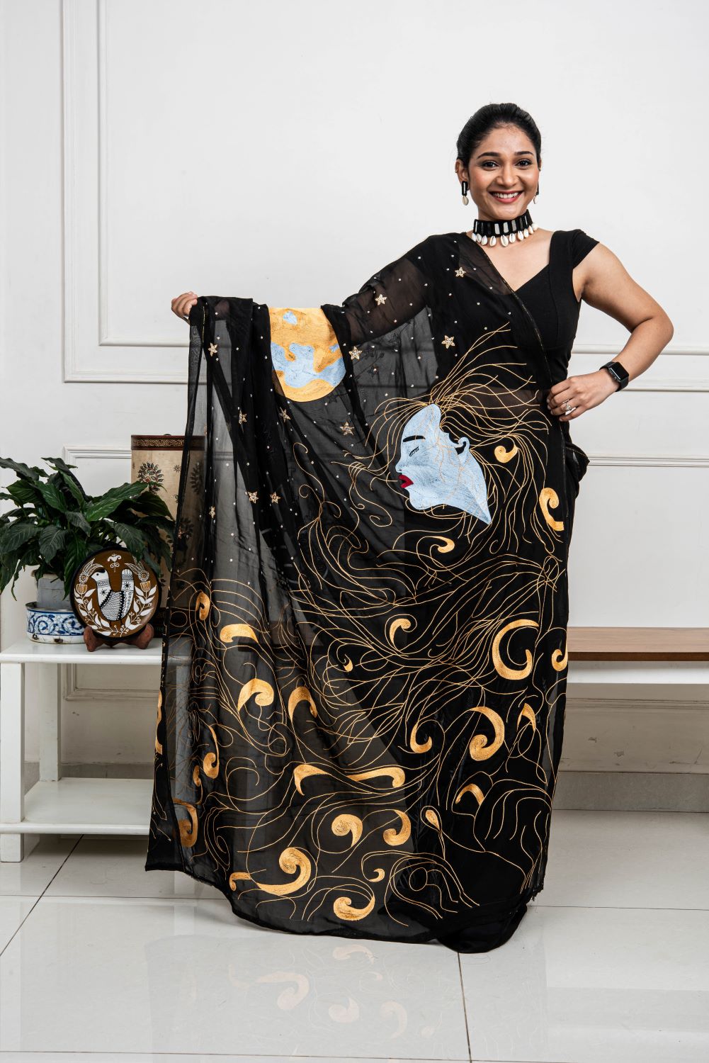 Black Designer Hand Embroidered Saree - Midnight Dreams