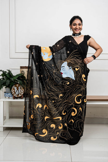 Black Designer Hand Embroidered Saree - Midnight Dreams