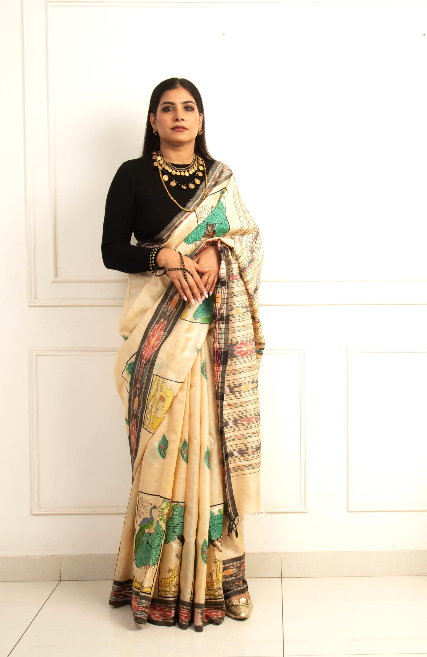 Pure tassar silk Patachitra Jungle theme Saree - Beige and Black