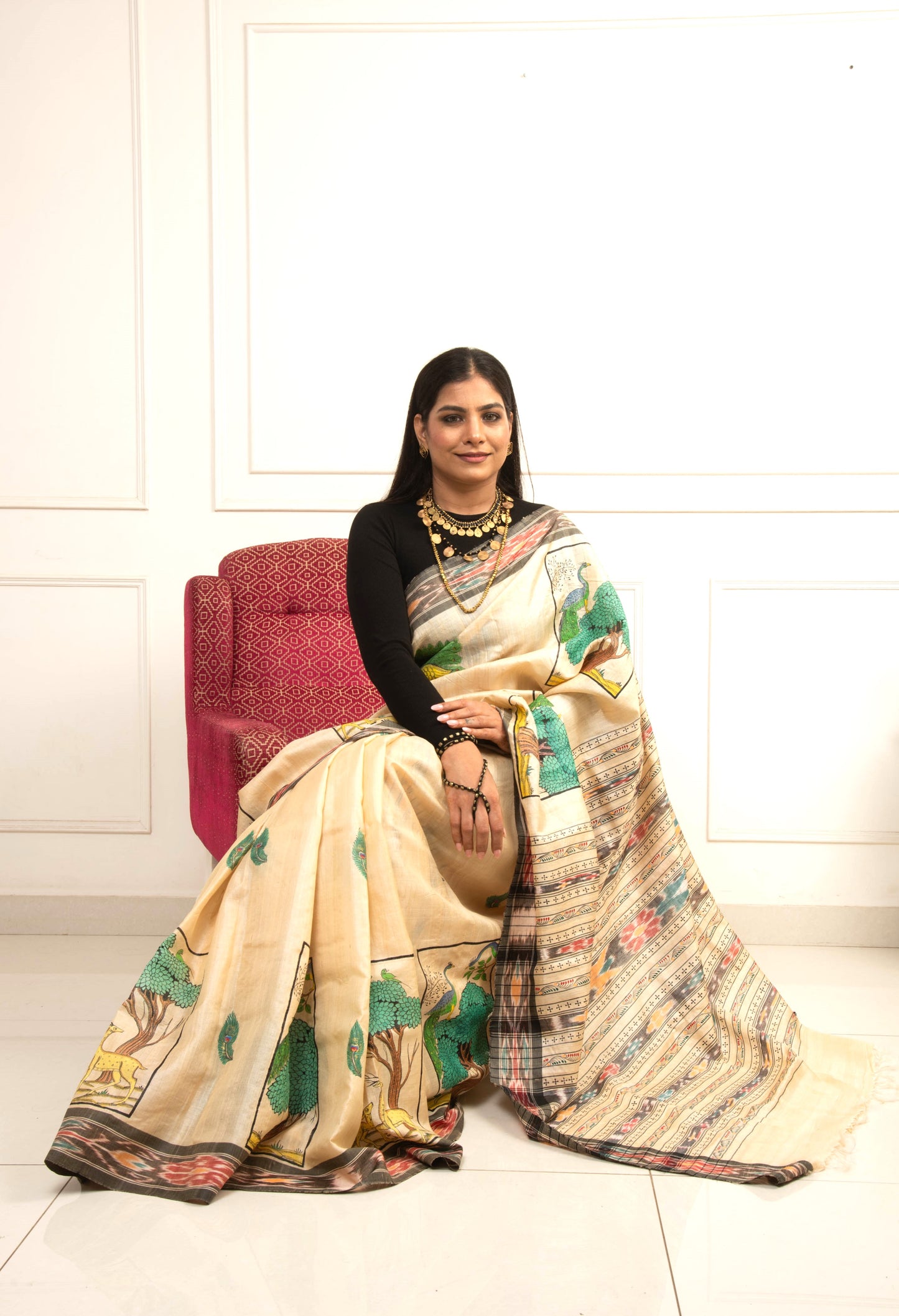 Pure tassar silk Patachitra Jungle theme Saree - Beige and Black