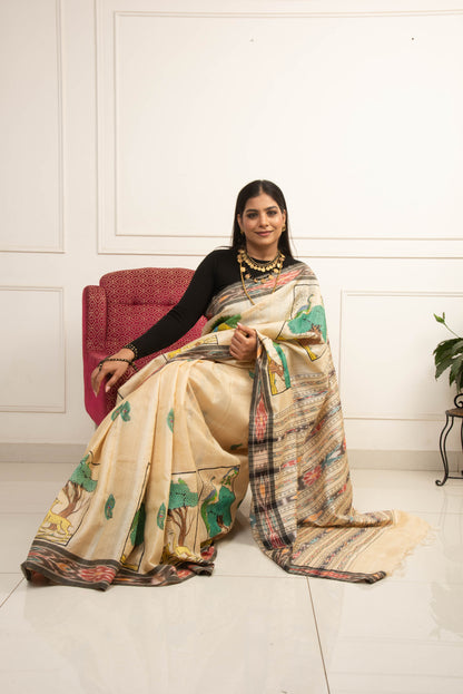 Pure tassar silk Patachitra Jungle theme Saree - Beige and Black