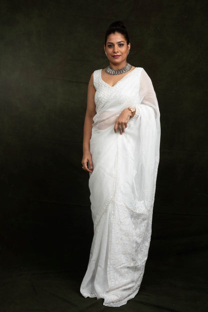 White Organza Hand Embroidered Saree - Flower Jaal