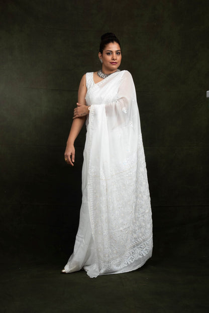 White Organza Hand Embroidered Saree - Flower Jaal