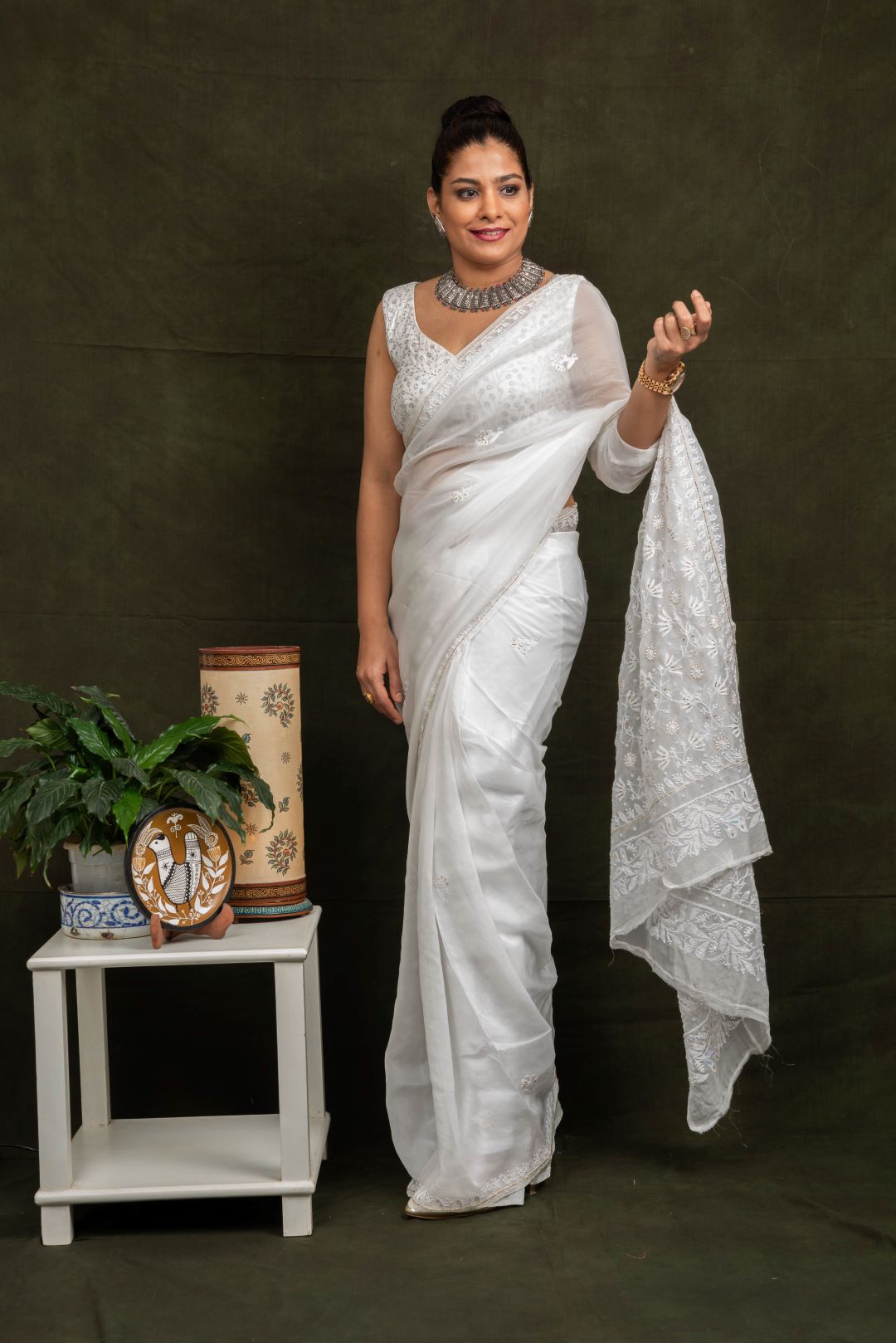 White Organza Hand Embroidered Saree - Flower Jaal