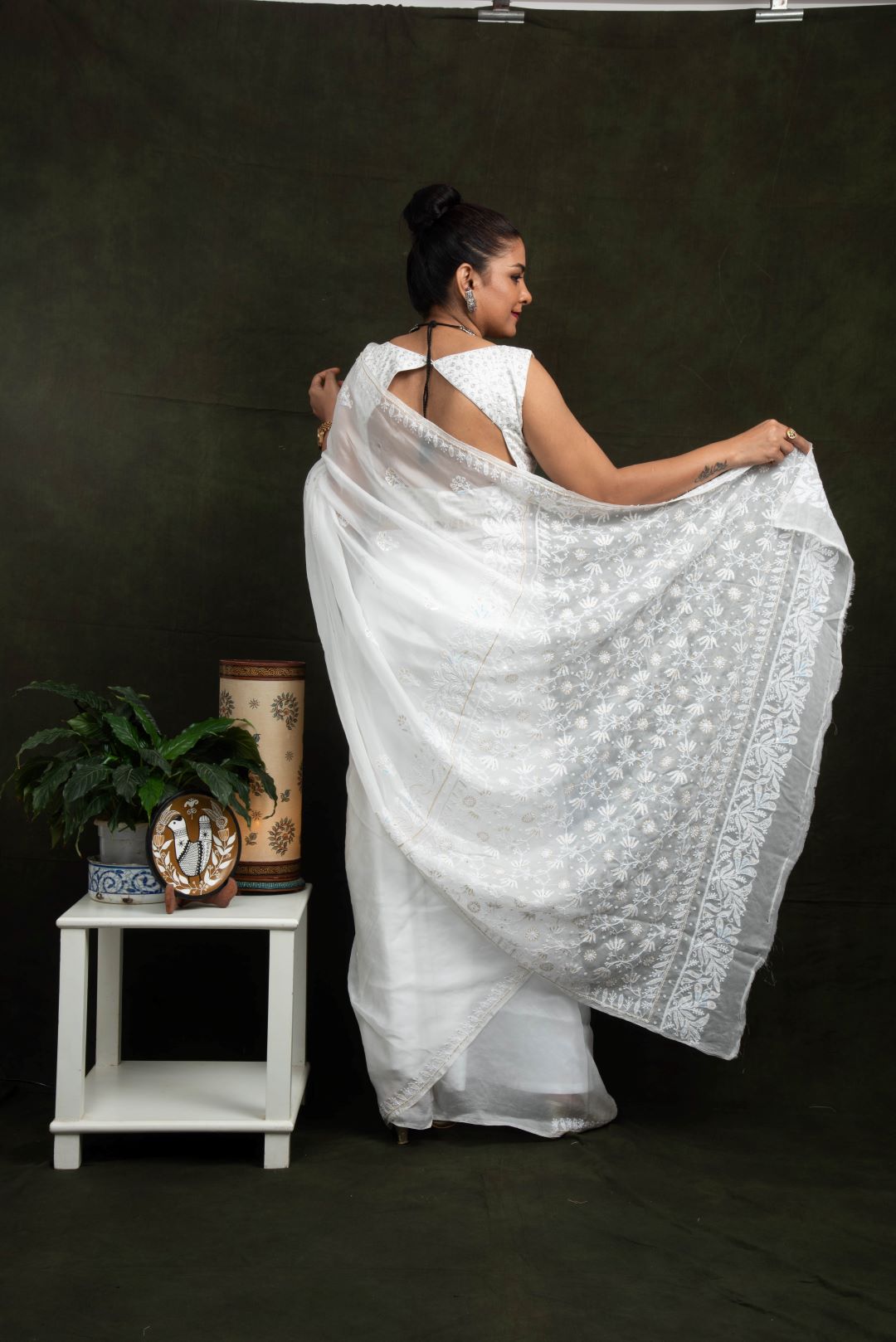 White Organza Hand Embroidered Saree - Flower Jaal