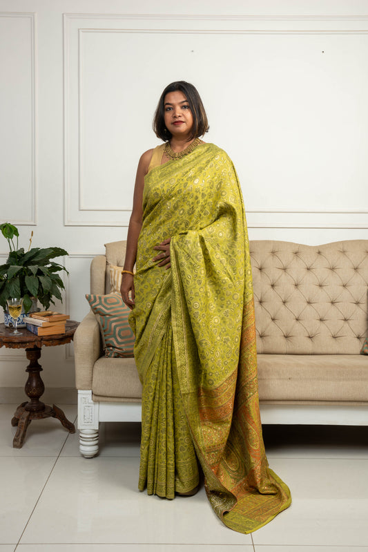 Handwoven Kani weave cotton silk saree - Mehendi Green