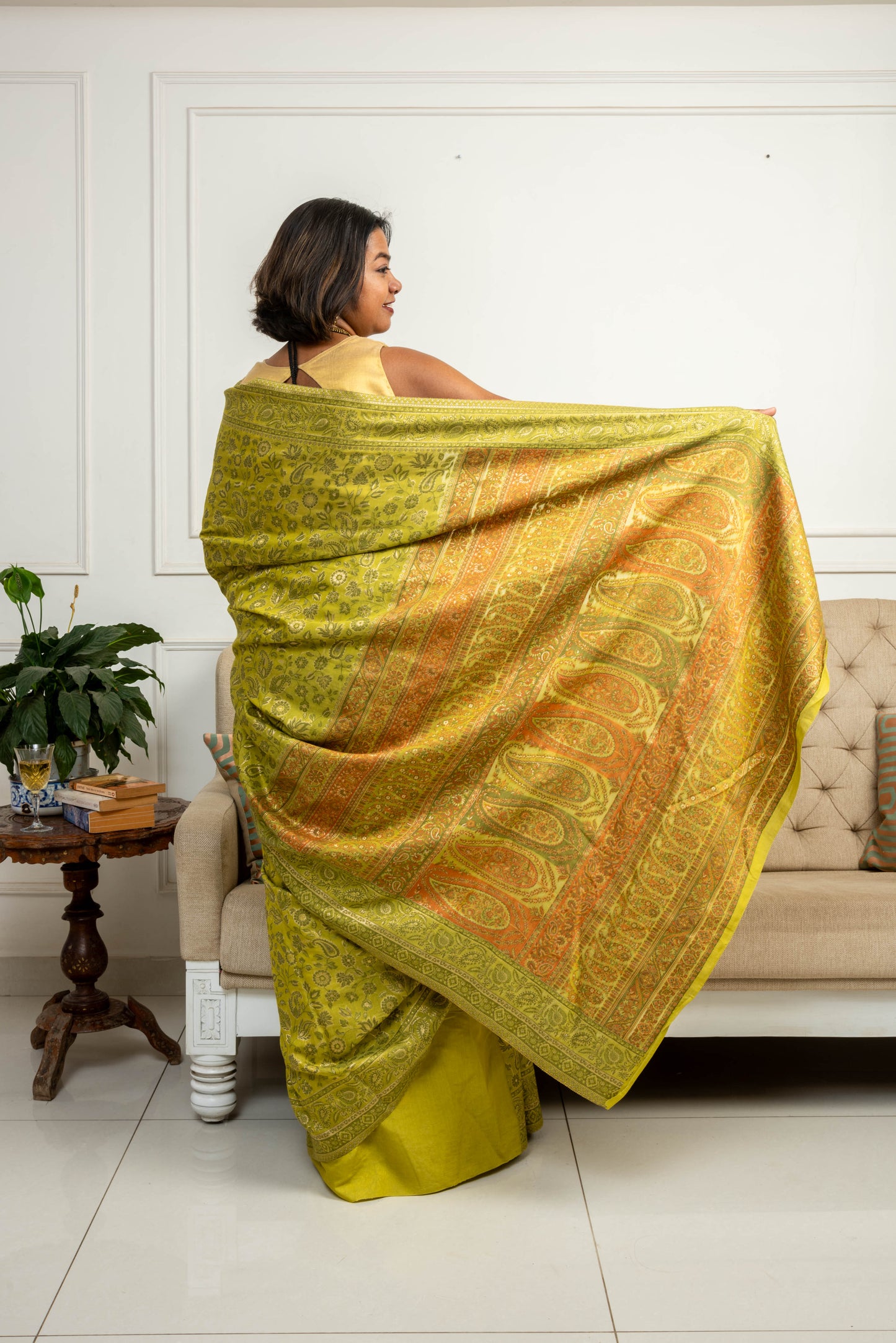 Handwoven Kani weave cotton silk saree - Mehendi Green