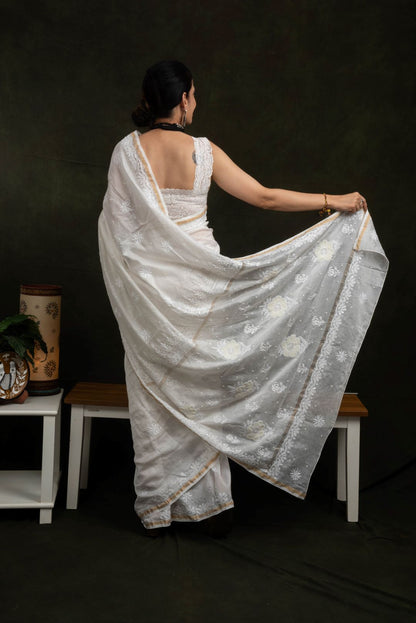 White Chanderi Cotton Silk Hand Embroidered Saree - Beaded Flowers