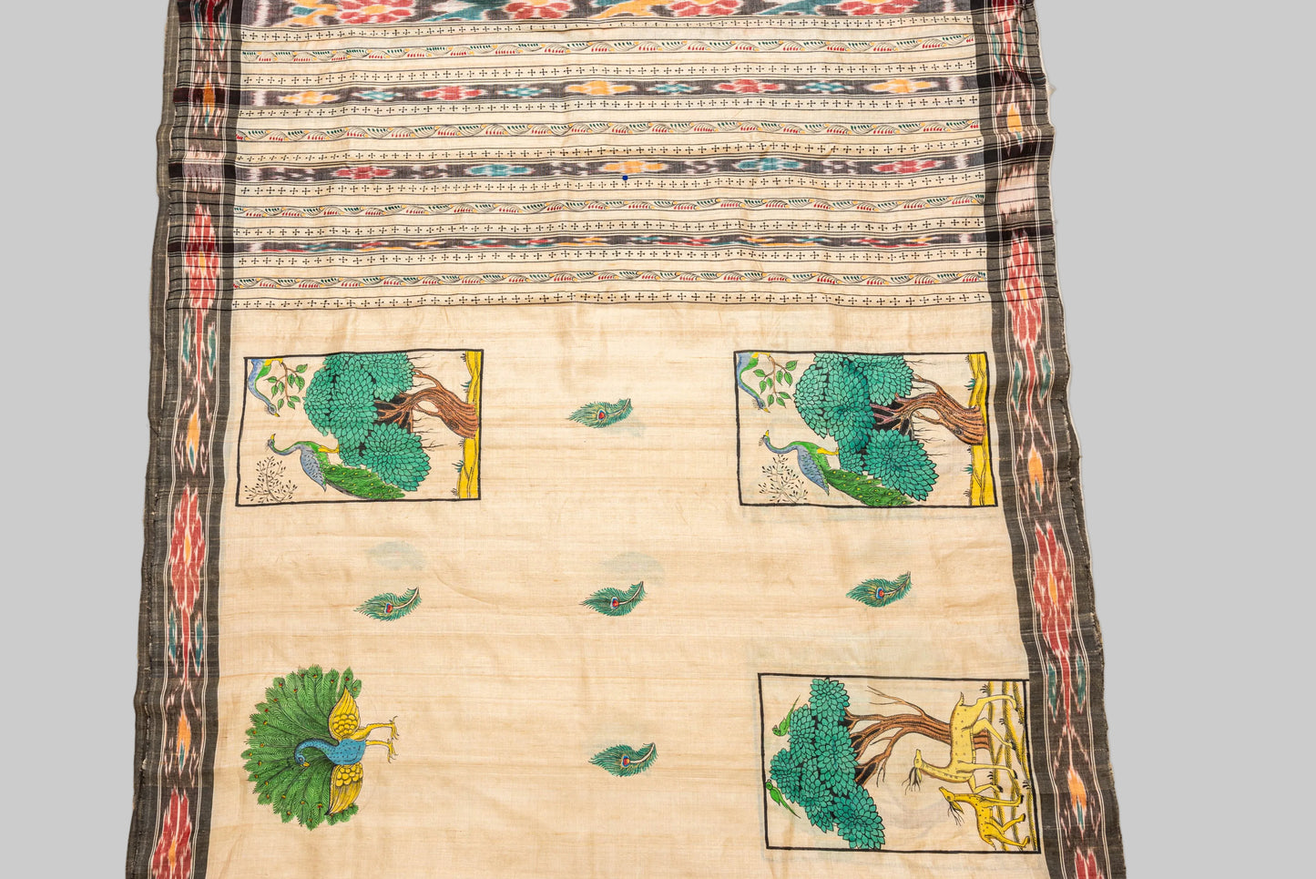 Pure tassar silk Patachitra Jungle theme Saree - Beige and Black