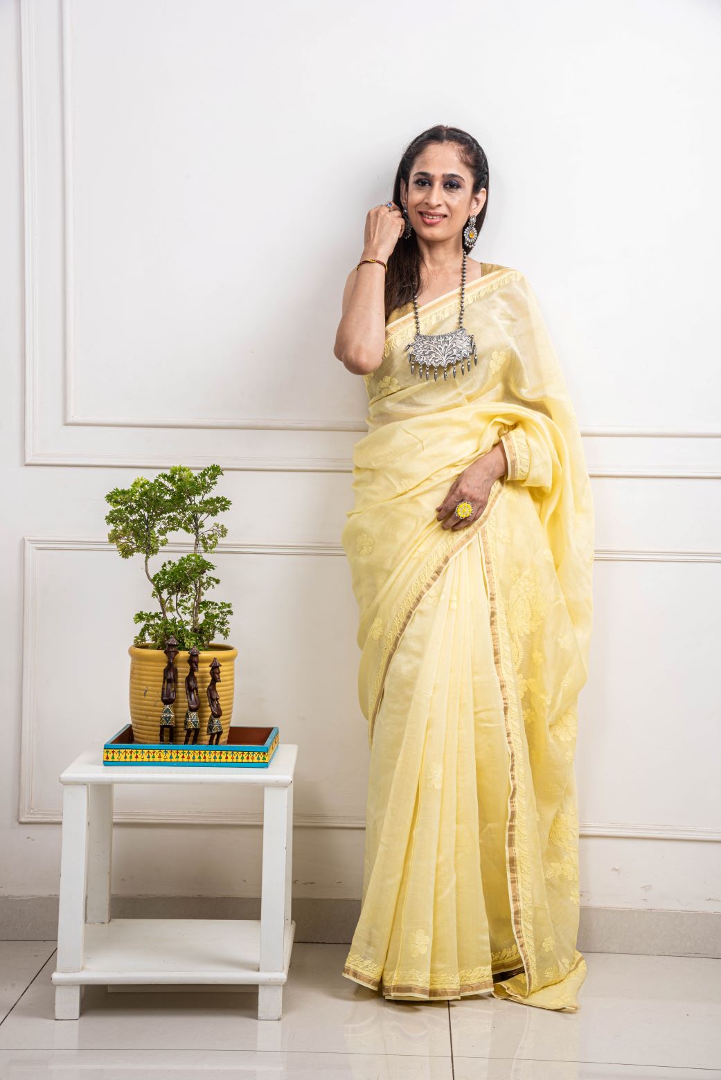Chanderi Cotton Yellow Hand Embroidered Saree - Flower