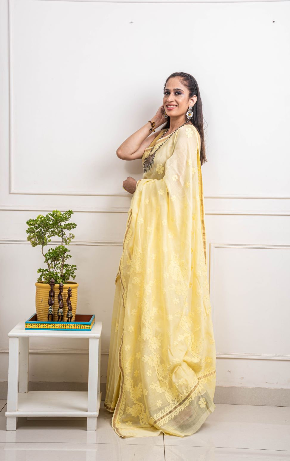 Chanderi Cotton Yellow Hand Embroidered Saree - Flower