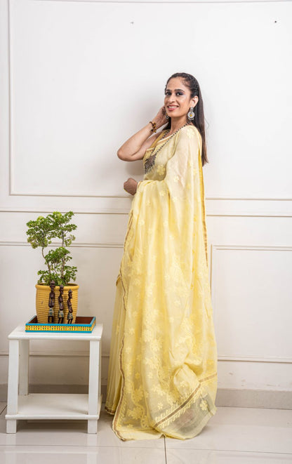 Chanderi Cotton Yellow Hand Embroidered Saree - Flower