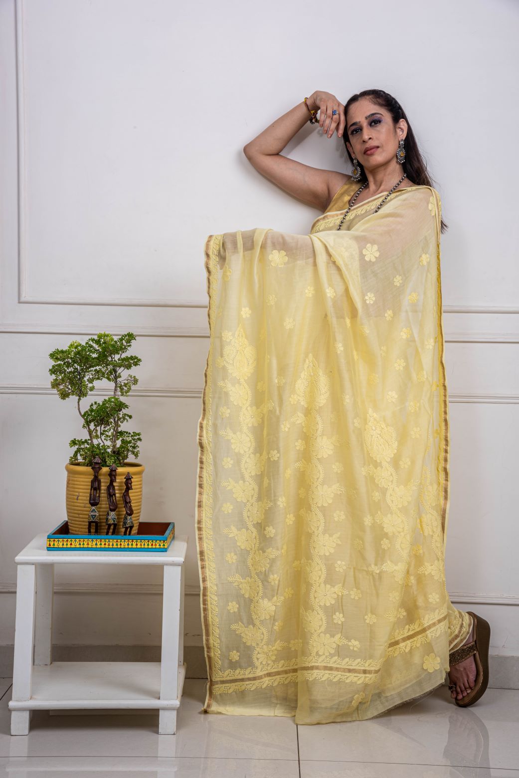 Chanderi Cotton Yellow Hand Embroidered Saree - Flower