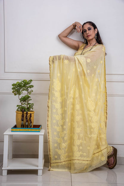 Chanderi Cotton Yellow Hand Embroidered Saree - Flower