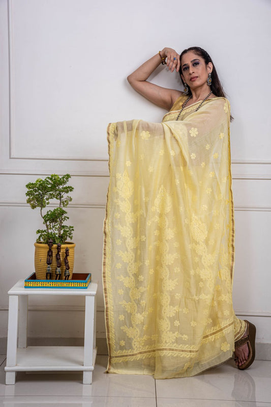 Chanderi Cotton Yellow Hand Embroidered Saree - Flower