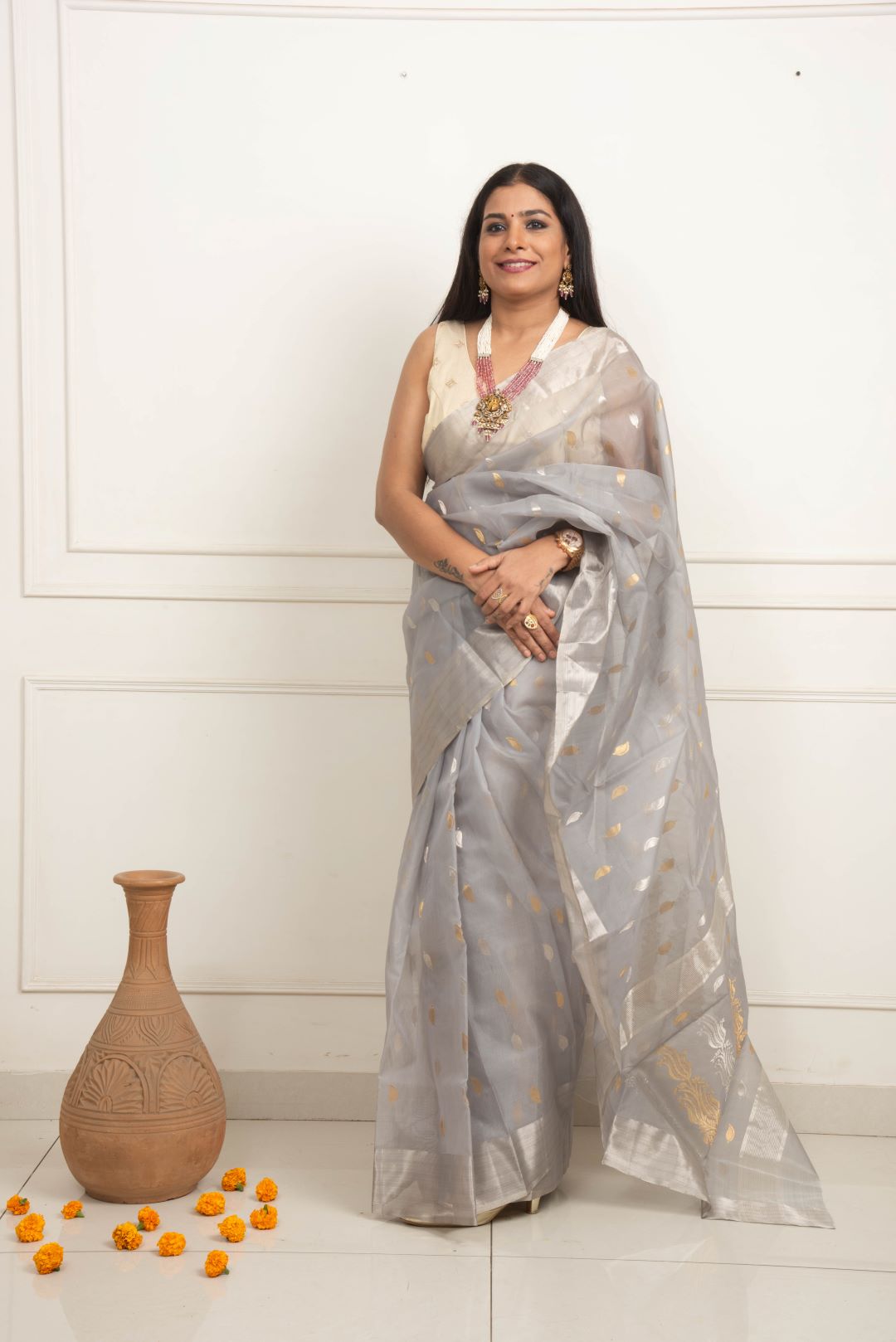 Chanderi Katan Silk Saree - Silver