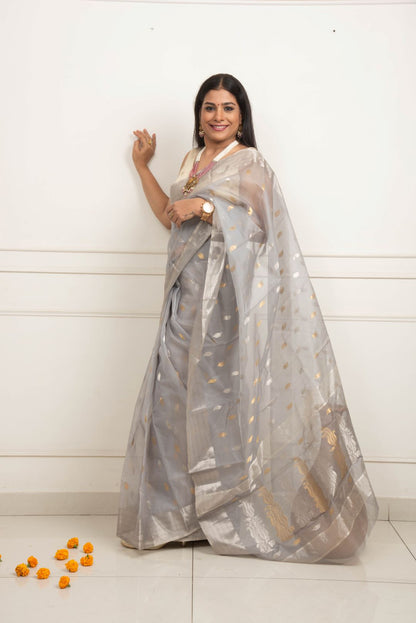 Chanderi Katan Silk Saree - Silver