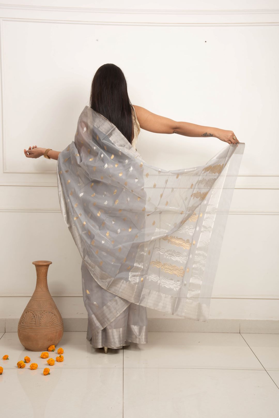 Chanderi Katan Silk Saree - Silver